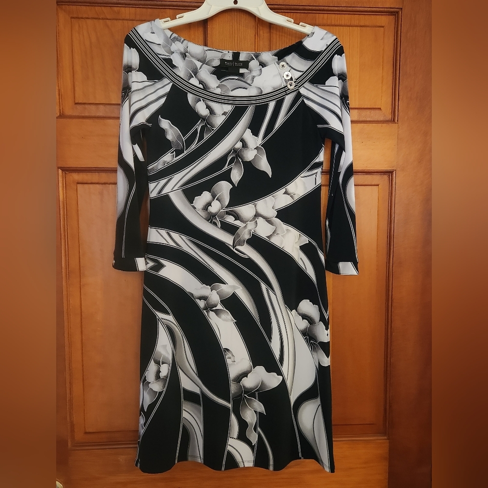 White House Black Market Monochrome Floral Long Sleeve Dress